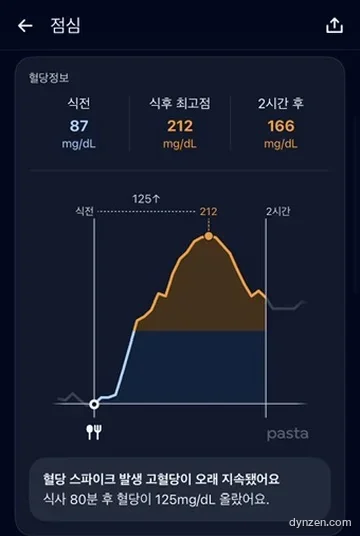 식사 분석 — 식전 87, 최고 212, 2시간 후 166