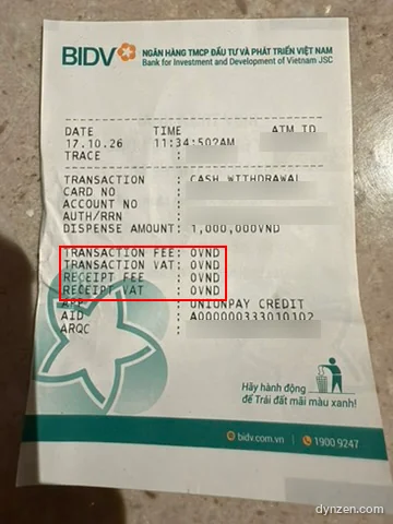 BIDV ATM 영수증, TRANSACTION FEE·VAT·RECEIPT FEE 0VND에 빨간 박스
