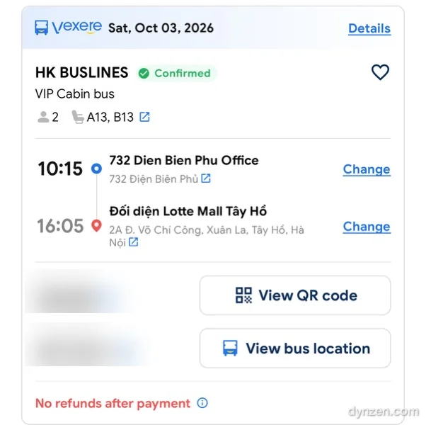 Vexere 예약 상세 화면, HK BUSLINES VIP Cabin bus, 10:15 732 Dien Bien Phu Office 출발, 16:05 Đối diện Lotte Mall Tây Hồ 도착