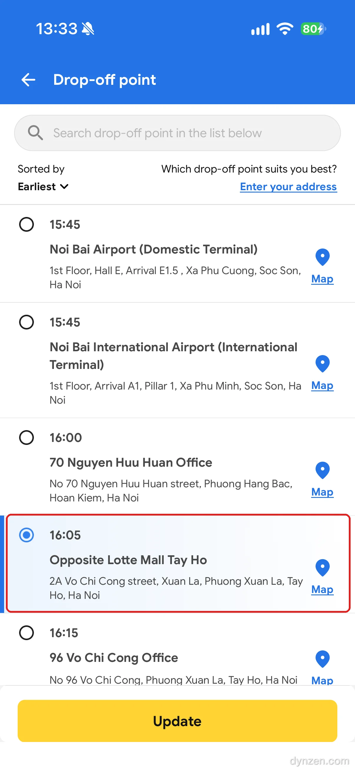 Vexere 하차 지점 목록, 15:45 노이바이 국내선·국제선, 16:00 70 Nguyen Huu Huan Office, 16:05 Opposite Lotte Mall Tay Ho(선택, 빨간 박스), 16:15 96 Vo Chi Cong Office, 아래에 Update 버튼