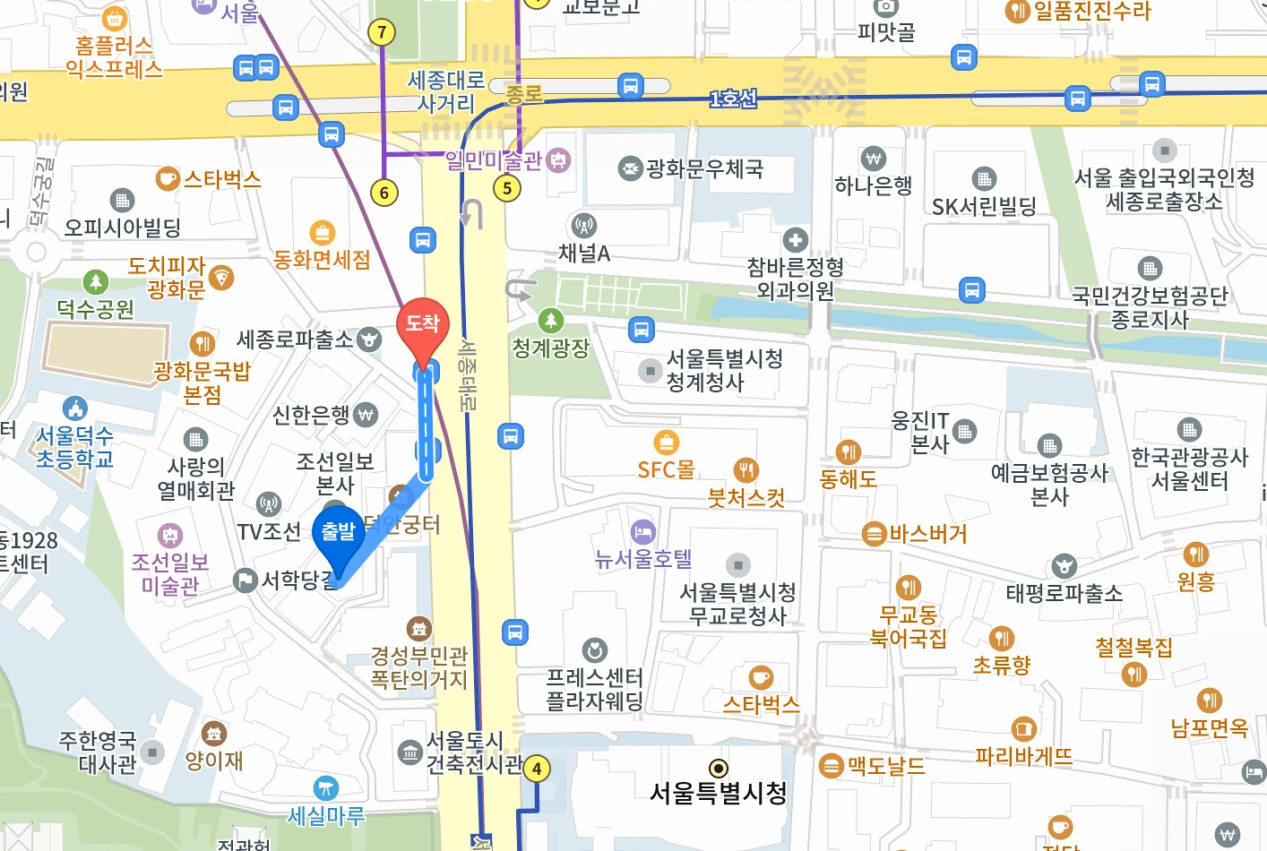 코리아나호텔 주차장에서 광화문 매표소까지 걷는 경로