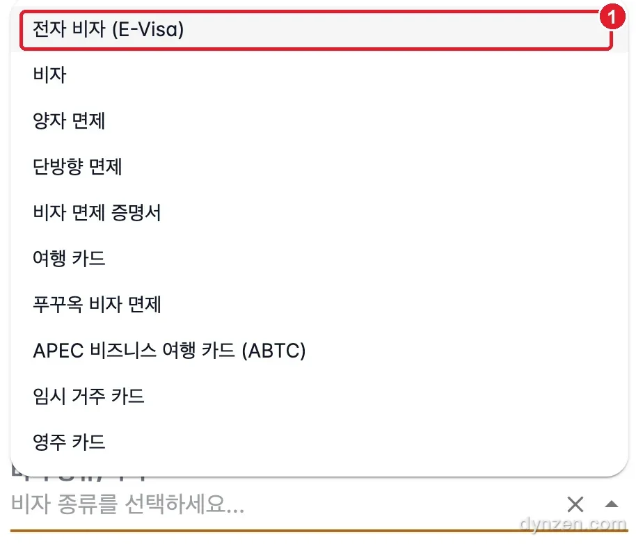 PAI 비자 종류 목록, 맨 위 전자 비자(E-Visa)에 빨간 박스와 1번 표시